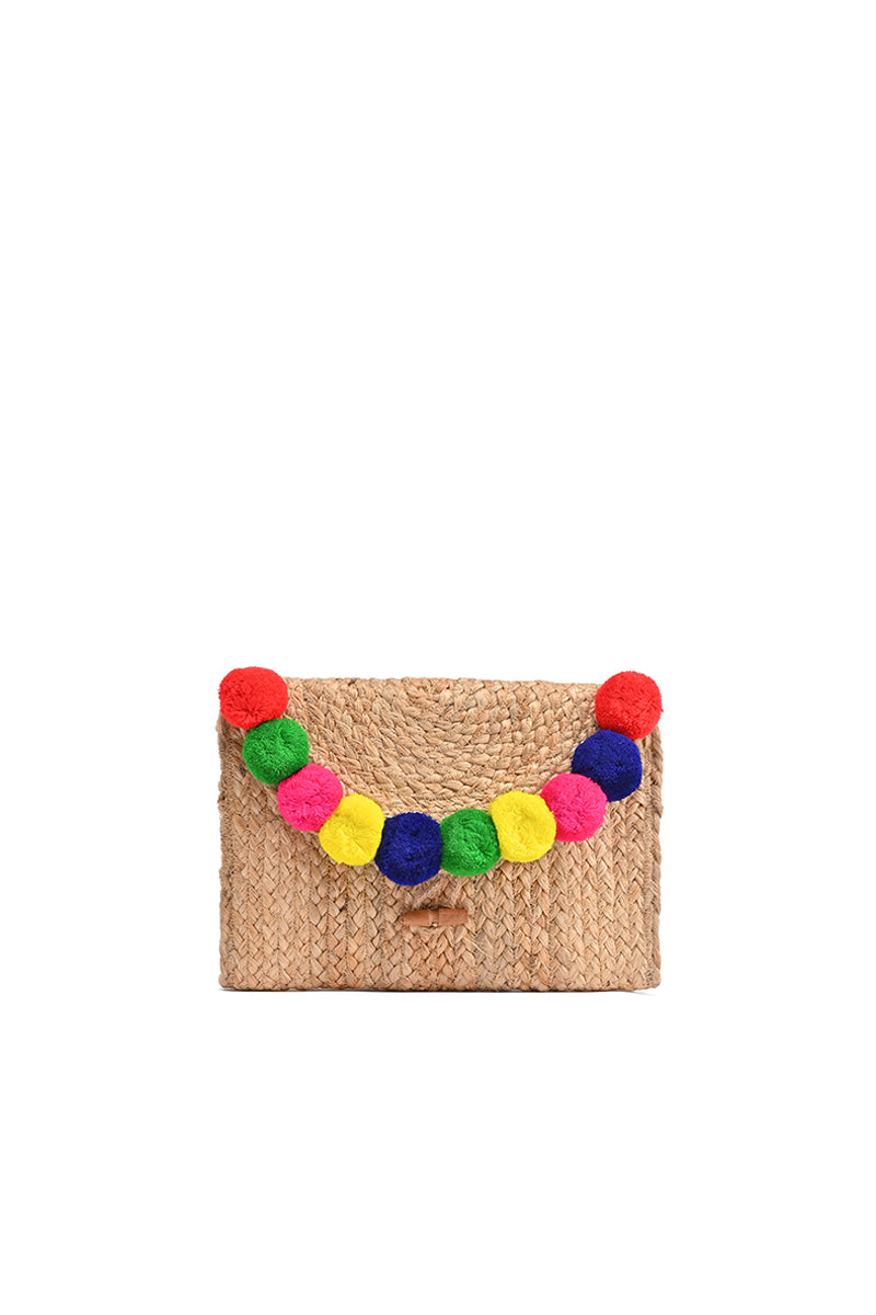 Jute Clutch with Pompom and Button Closure - Mixcart USA