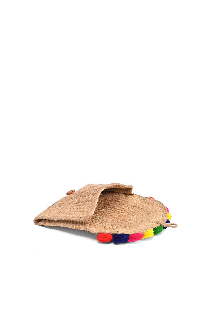 Jute Clutch with Pompom and Button Closure - Mixcart USA
