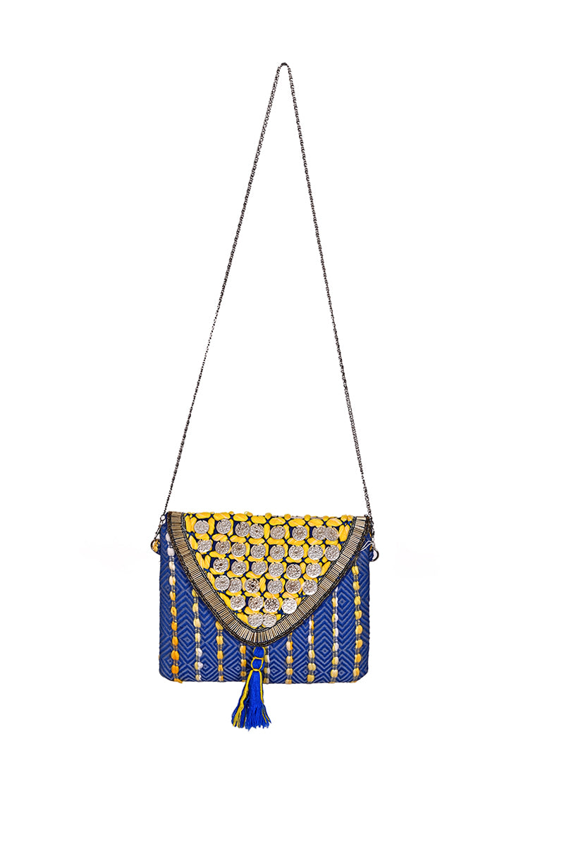 Dazzling Blue Coin Embellished Clutch - Mixcart USA