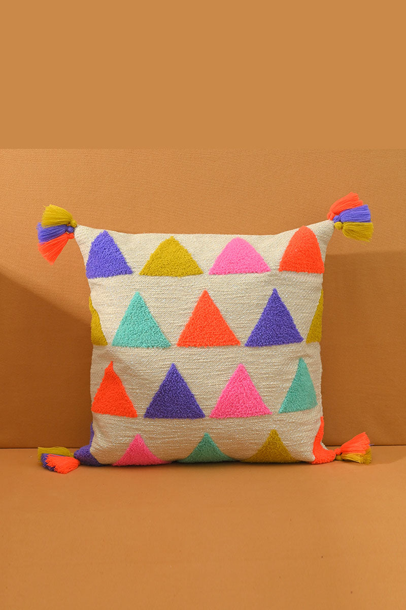 Multicolor Triangle Cushion Cover with Colorful Tassels - Mixcart USA