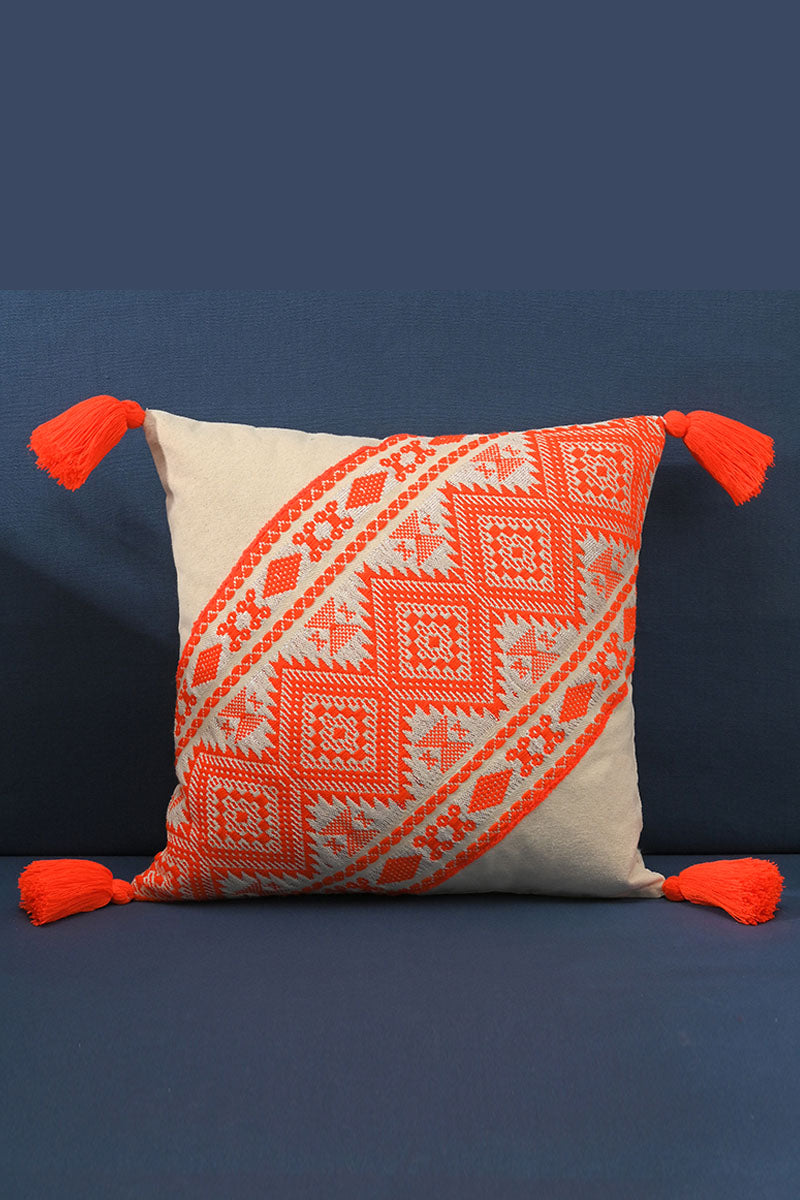 Ethnic Tribal Embroidered Cushion Cover with Tassel - Mixcart USA