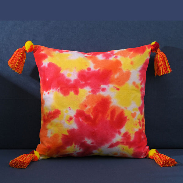 Vivid Yellow & Red Print Cushion Cover with Tassel