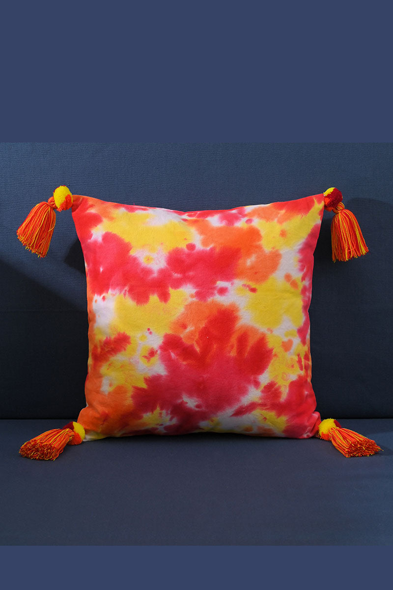 Vivid Yellow & Red Print Cushion Cover with Tassel - Mixcart USA