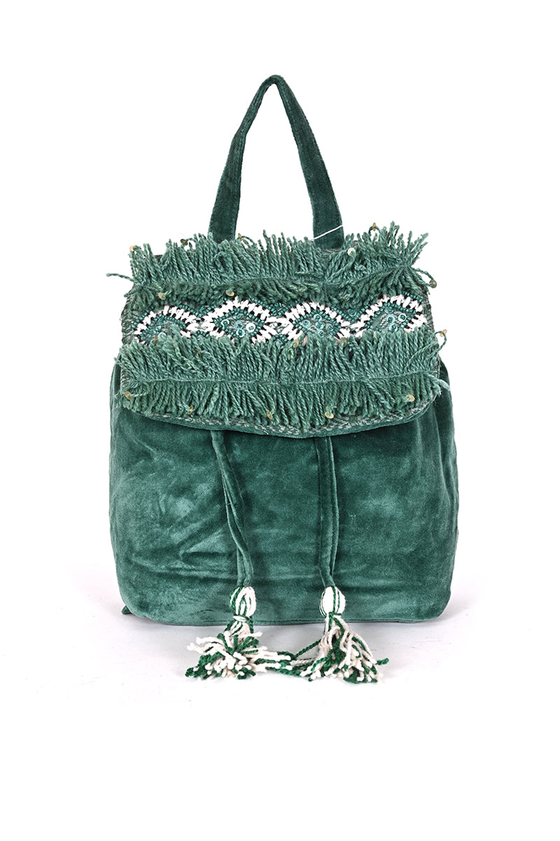 Evergreen Embroidered and Fringed Velvet Mini Backpack - Mixcart USA
