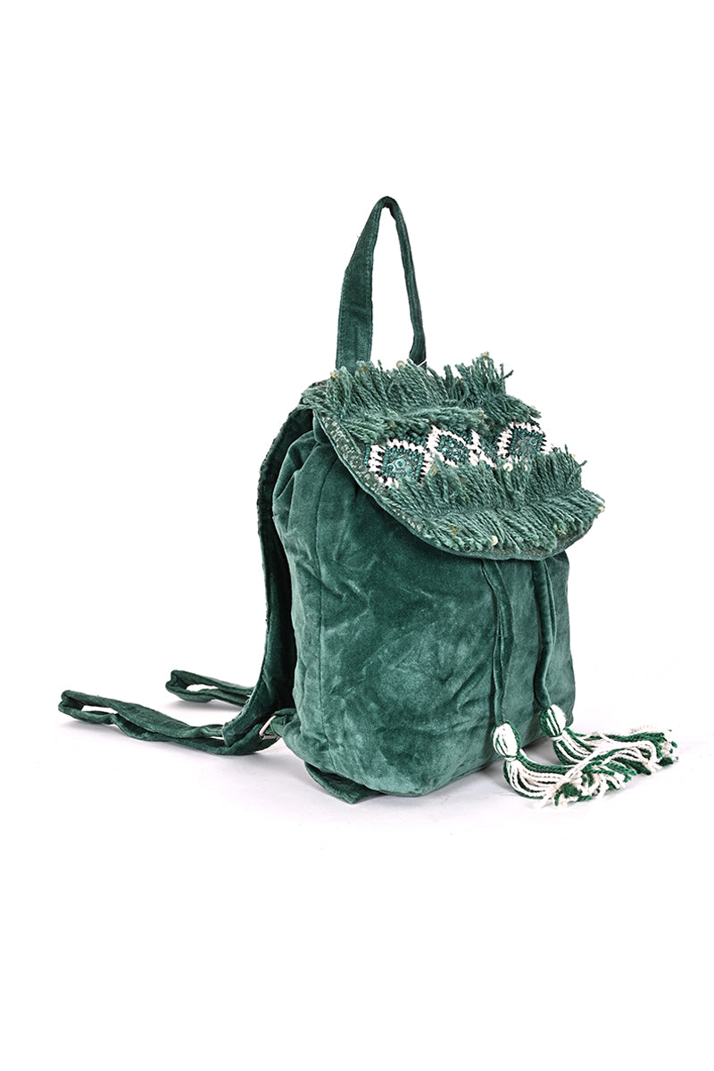 Evergreen Embroidered and Fringed Velvet Mini Backpack - Mixcart USA