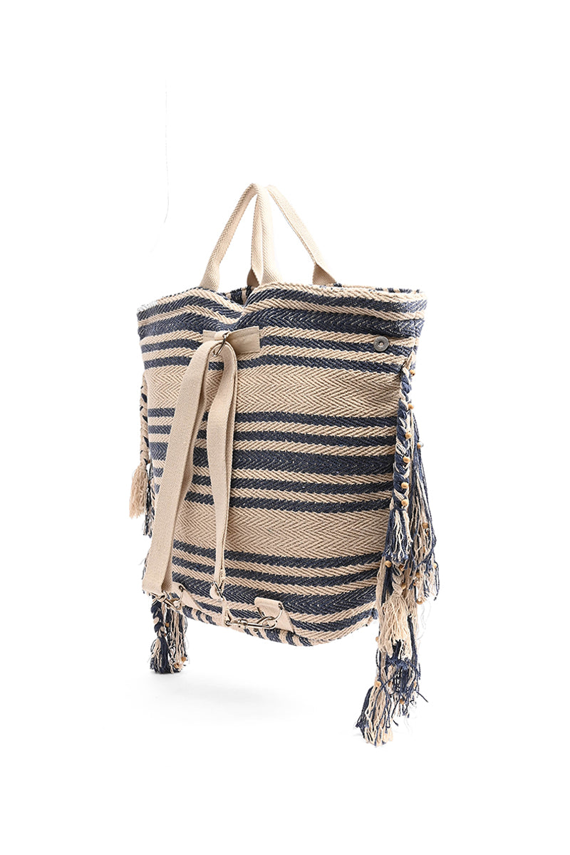 Indigo Striped Fringed Tote Convertible Backpack - Mixcart USA