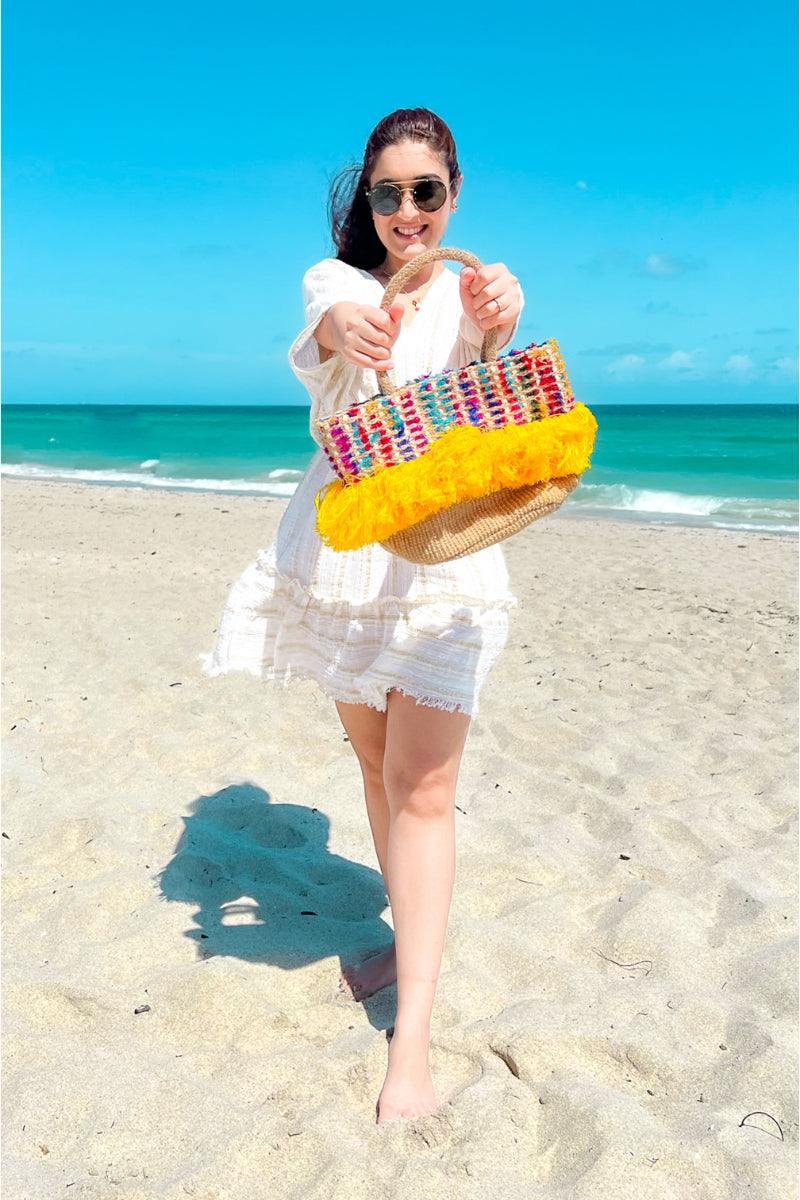 Sunshine Fringed Jute Beach Tote - Mixcart USA